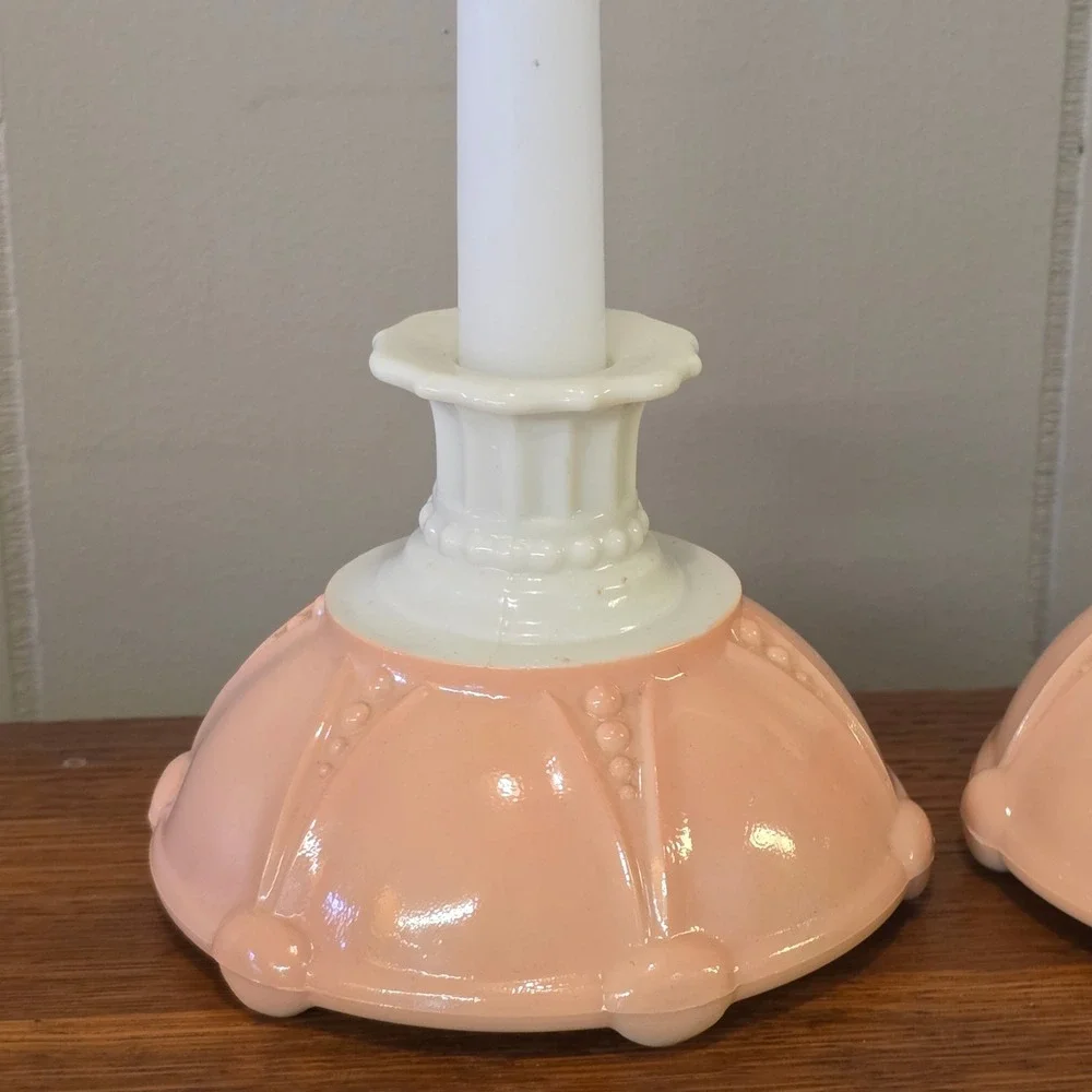Vintage‎ Anchor Hocking Oyster Pearl Pink Candlestick Holders Easter Spring